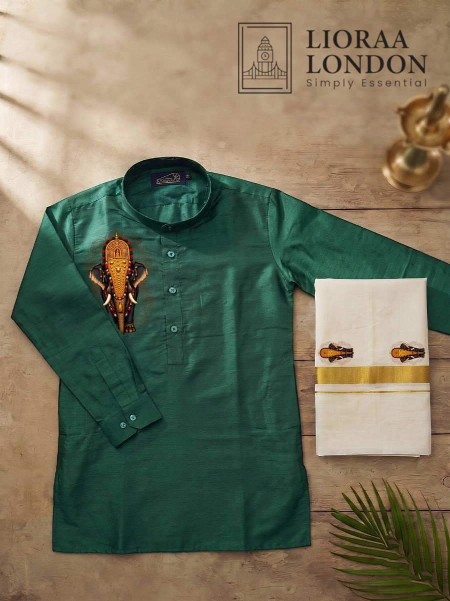 Lioraa London Ltd green cotton-silk kurta with elephant motif and off-white Kasavu dhoti for Onam celebrations.