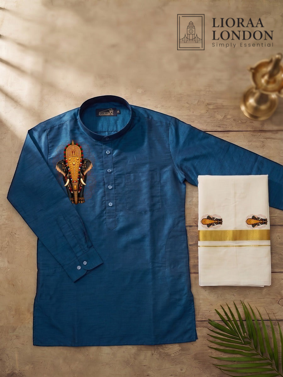 Lioraa London Ltd blue cotton-silk kurta with elephant print paired with an off-white Kasavu dhoti for Onam.