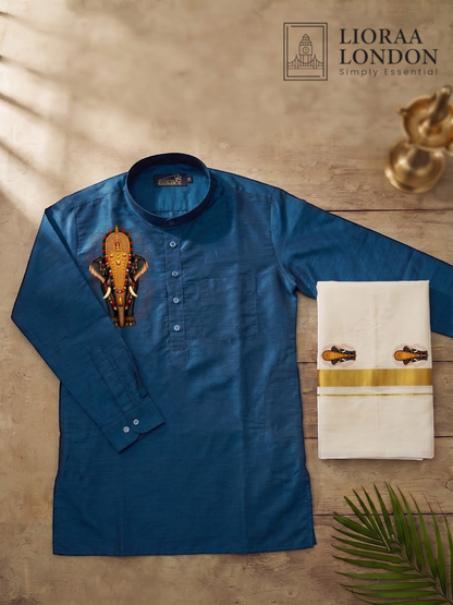 Lioraa London Ltd blue cotton-silk kurta with elephant print paired with an off-white Kasavu dhoti for Onam.