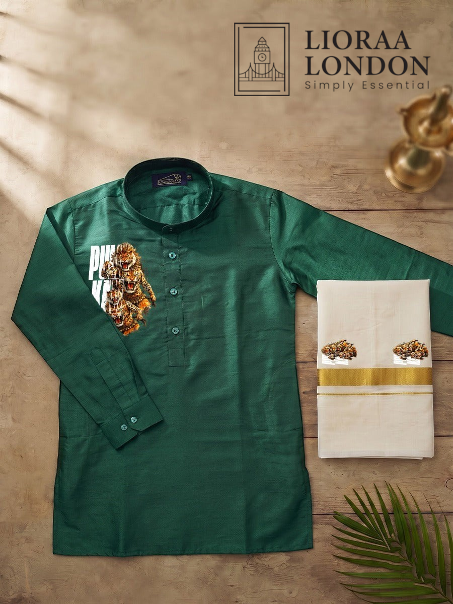 Lioraa London Ltd green cotton-silk kurta with Pulikali print and off-white Kasavu dhoti with gold border for Onam.