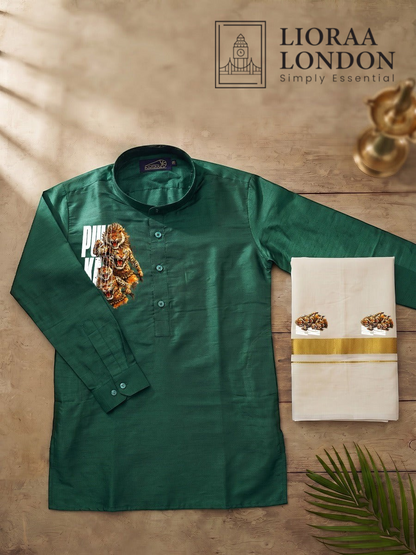 Lioraa London Ltd green cotton-silk kurta with Pulikali print and off-white Kasavu dhoti with gold border for Onam.