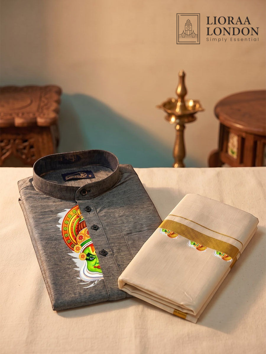 Lioraa London Ltd grey cotton-silk kurta with Kathakali print paired with an off-white Kasavu dhoti on a table.