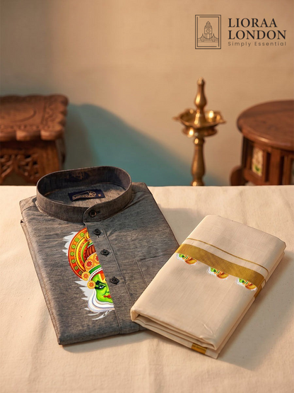 Lioraa London Ltd grey cotton-silk kurta with Kathakali print paired with an off-white Kasavu dhoti on a table.