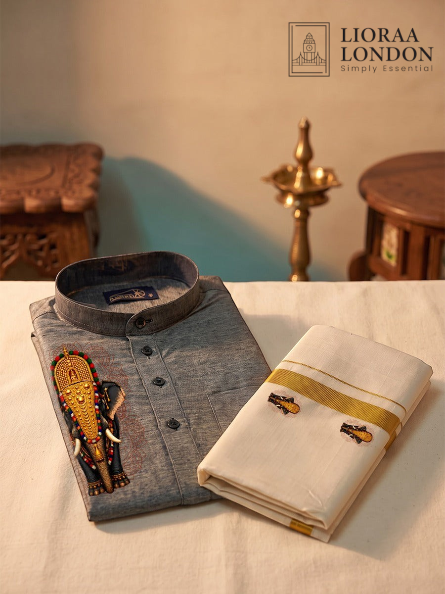 Lioraa London Ltd grey cotton-silk kurta with elephant print paired with an off-white Kasavu dhoti for Onam.