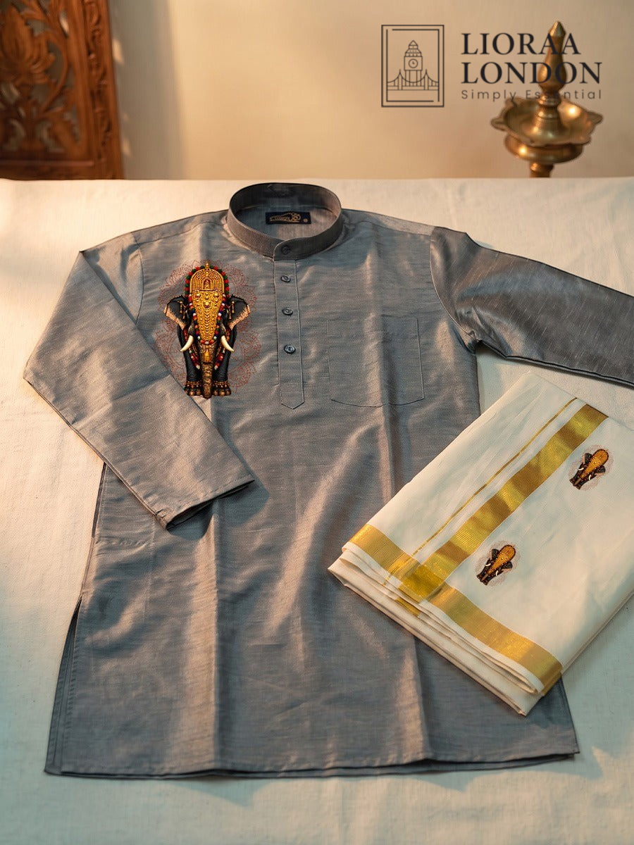 Lioraa London Ltd grey cotton-silk kurta with elephant print paired with an off-white Kasavu dhoti for Onam