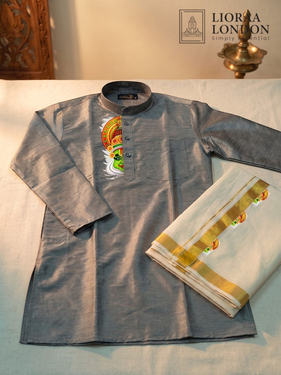 Lioraa London Ltd grey cotton-silk kurta with Kathakali print and off-white Kasavu dhoti for festive occasions