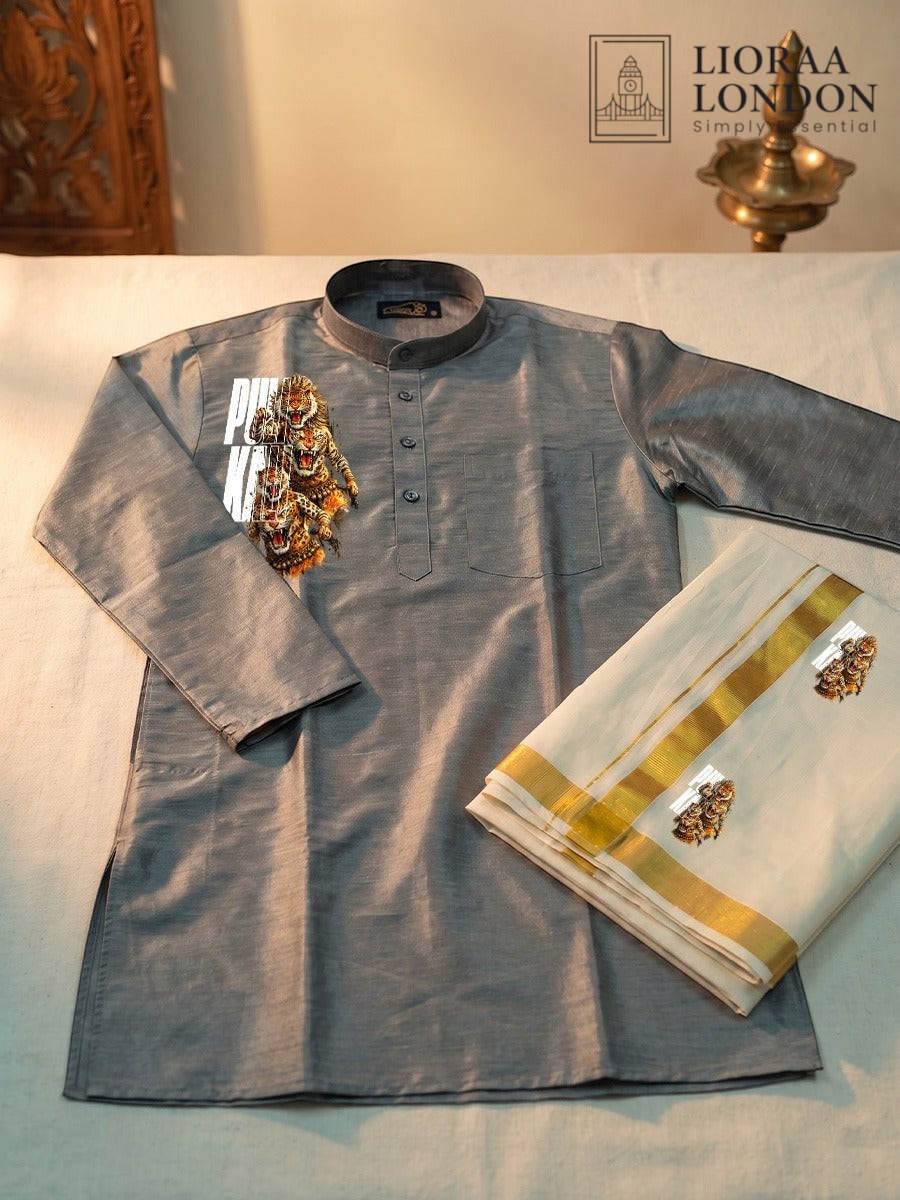 Lioraa London Ltd grey cotton-silk kurta with traditional Kerala art prints paired with a gold-bordered Kasavu dhoti