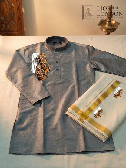 Lioraa London Ltd grey cotton-silk kurta with traditional Kerala art prints paired with a gold-bordered Kasavu dhoti