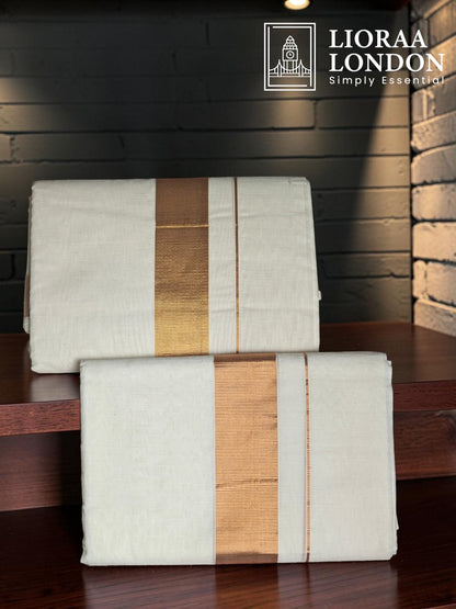 Double Golden Kasavu Off-White Dothie 1.5 INCH Kasavu | 4 Meter Off-White Kerala Mundu | 100% Pure Cotton