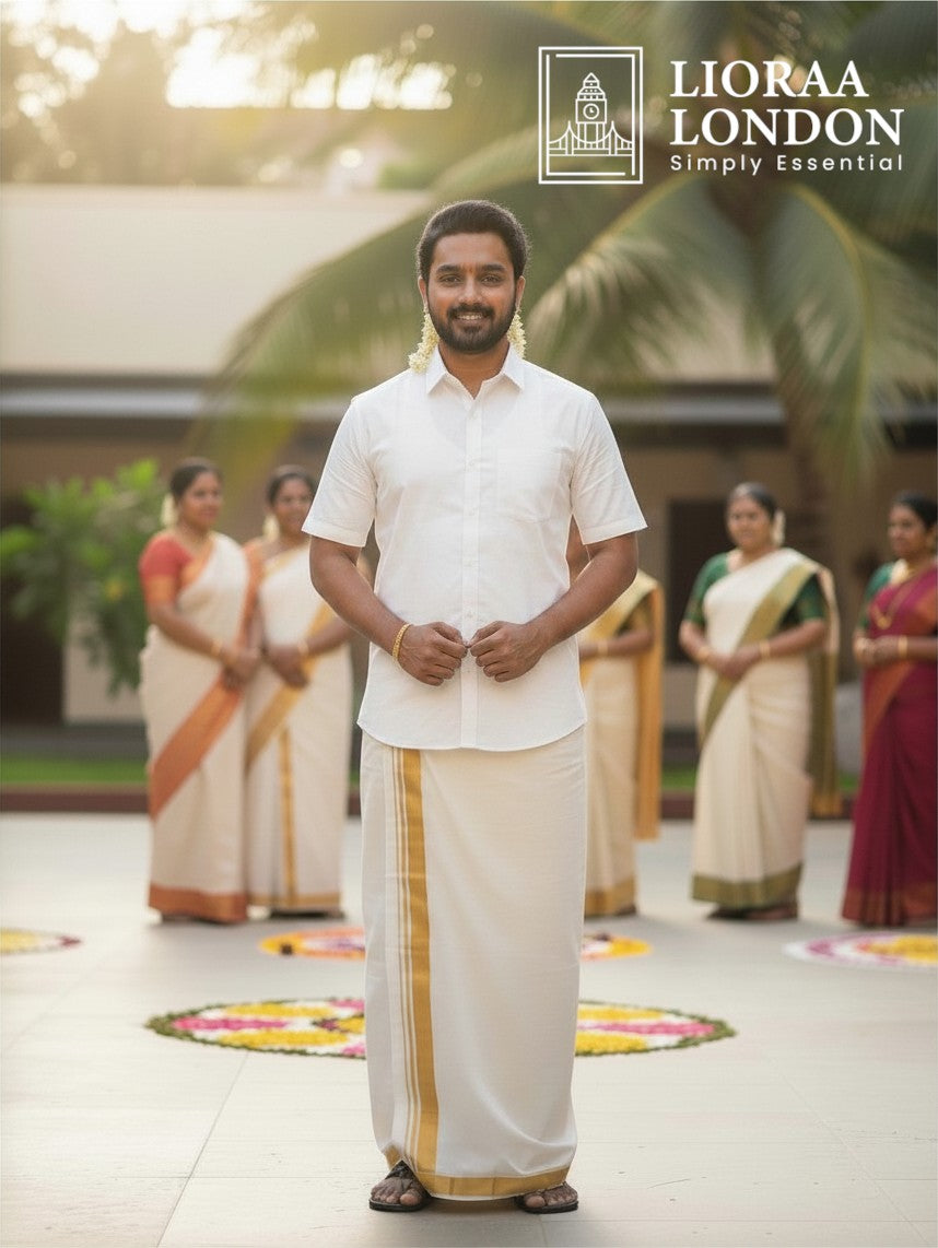Double Golden Kasavu Off-White Dothie 1.5 INCH Kasavu | 4 Meter Off-White Kerala Mundu | 100% Pure Cotton