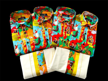 Onam Special Combo Set for Men | Kerala Dhoti & Printed Shirt | Golden Border Mundu | Onam Festival Outfit | Traditional Wear
