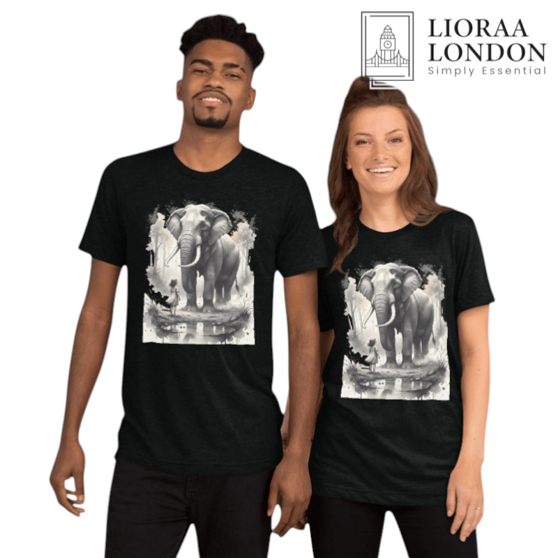Lioraa London Ltd unisex black cotton t-shirt featuring a surreal wild elephant and girl ink-wash graphic print