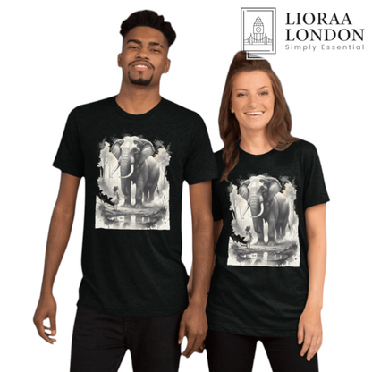 Lioraa London Ltd unisex black cotton t-shirt featuring a surreal wild elephant and girl ink-wash graphic print