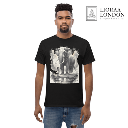 Lioraa London Ltd unisex black cotton t-shirt featuring a surreal ink-wash elephant and girl graphic print.