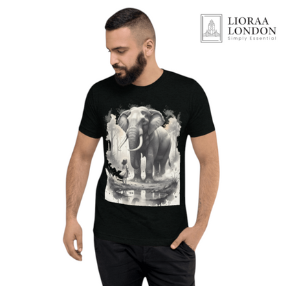 Lioraa London Ltd unisex black cotton t-shirt featuring a surreal ink-wash graphic of a girl and a wild elephant.