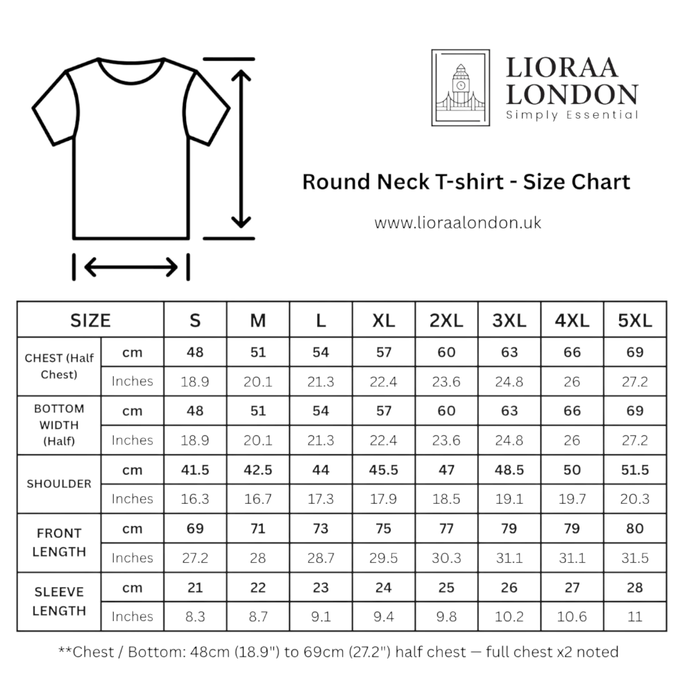 Lioraa London Ltd unisex t-shirt size chart showing measurements in cm and inches for sizes S to 5XL