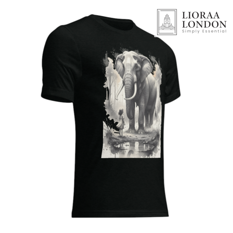 Lioraa London Ltd unisex black cotton t-shirt featuring a surreal ink-wash graphic of a girl and a wild elephant.