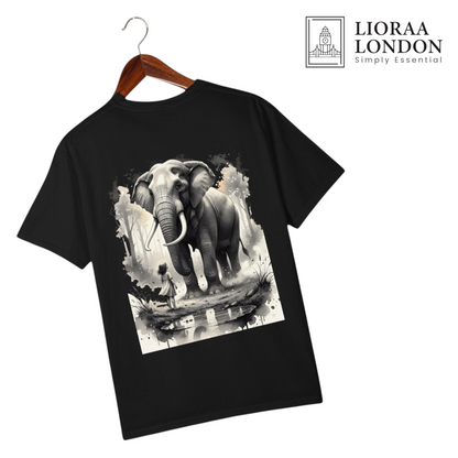 Lioraa London Ltd black unisex cotton t-shirt featuring a surreal ink-wash elephant and girl graphic print.