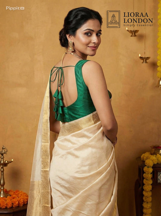 Lioraa London Ltd cream silk saree with gold border and emerald green sleeveless blouse with back tie-up tassels