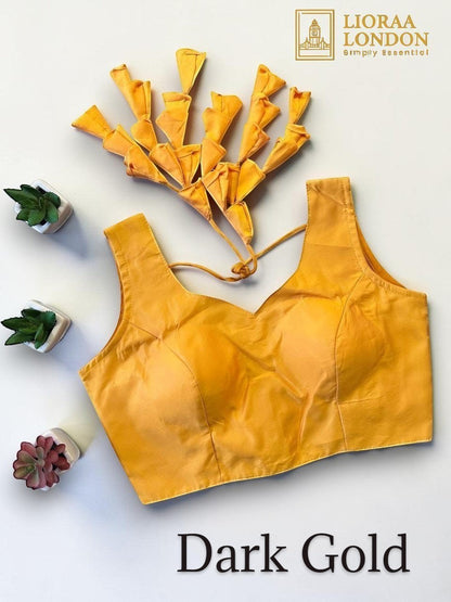 Lioraa London Ltd dark golden cotton silk saree blouse with sweetheart neckline and decorative back tassels