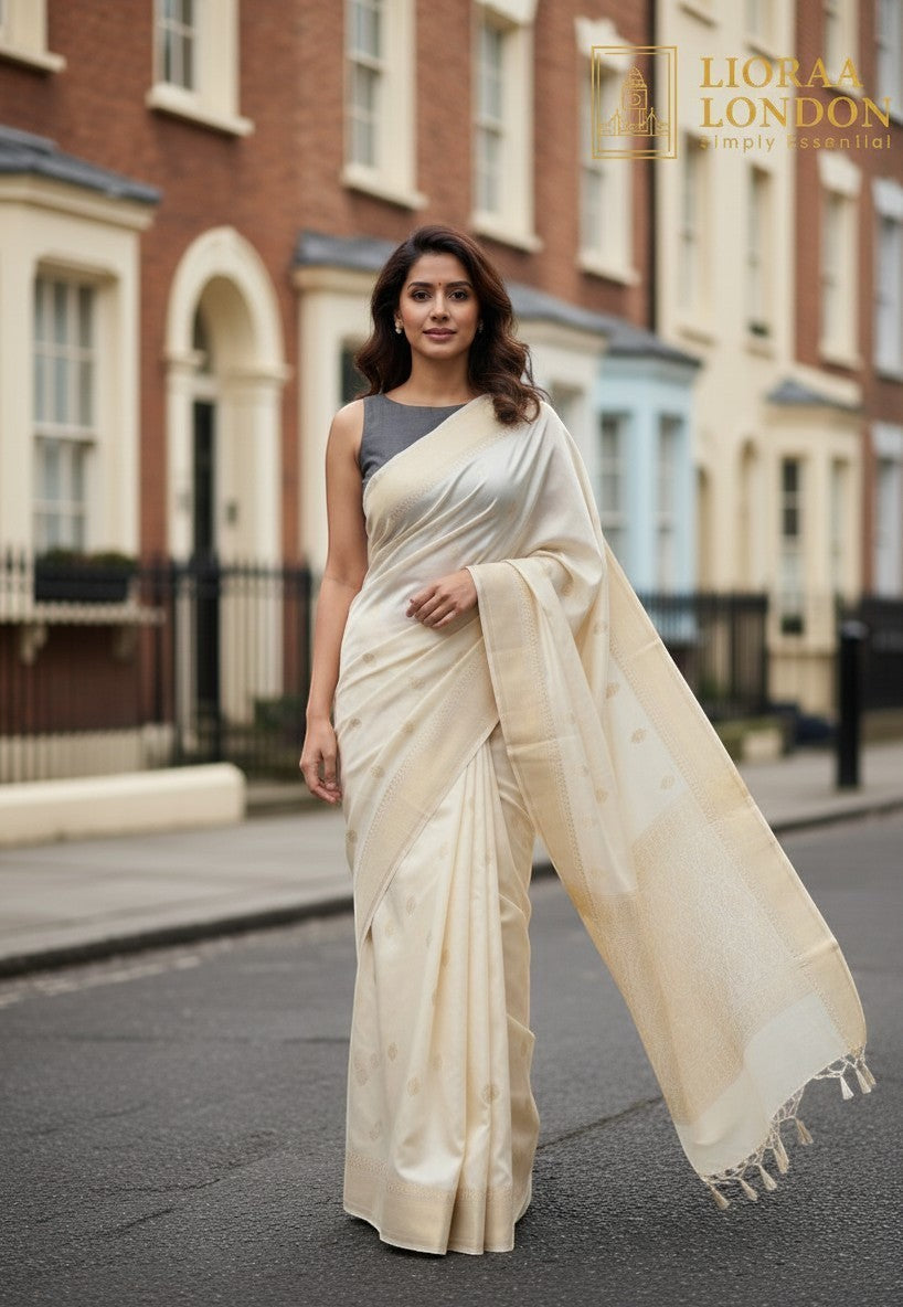 Lioraa London Ltd dark grey cotton silk blouse with sweetheart neckline worn with a cream saree on a city street