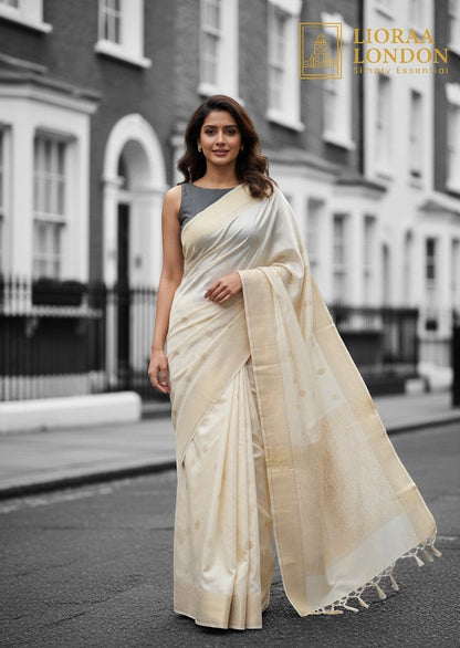 Lioraa London Ltd dark grey cotton silk sleeveless blouse paired with an elegant cream saree on a city street