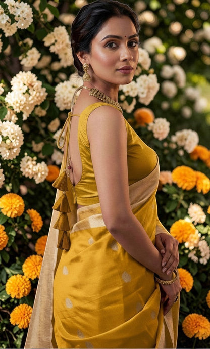 Lioraa London Ltd dark golden cotton silk saree blouse with deep U-back and tassel detail worn by a woman outdoors.