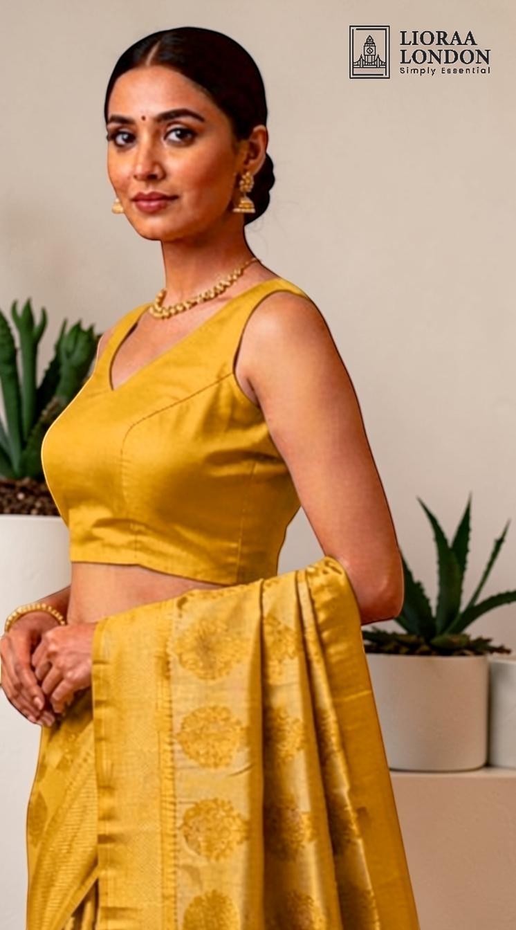 Lioraa London Ltd dark golden cotton silk sleeveless saree blouse with a sweetheart neckline and tailored fit
