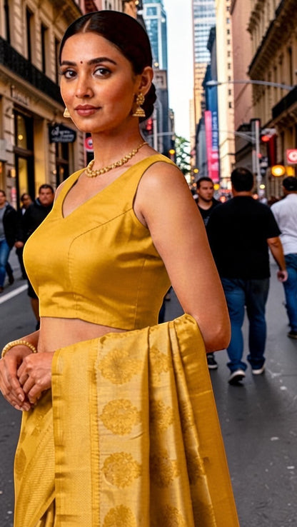 Lioraa London Ltd dark golden cotton silk sleeveless blouse with a sweetheart neckline worn with a matching saree