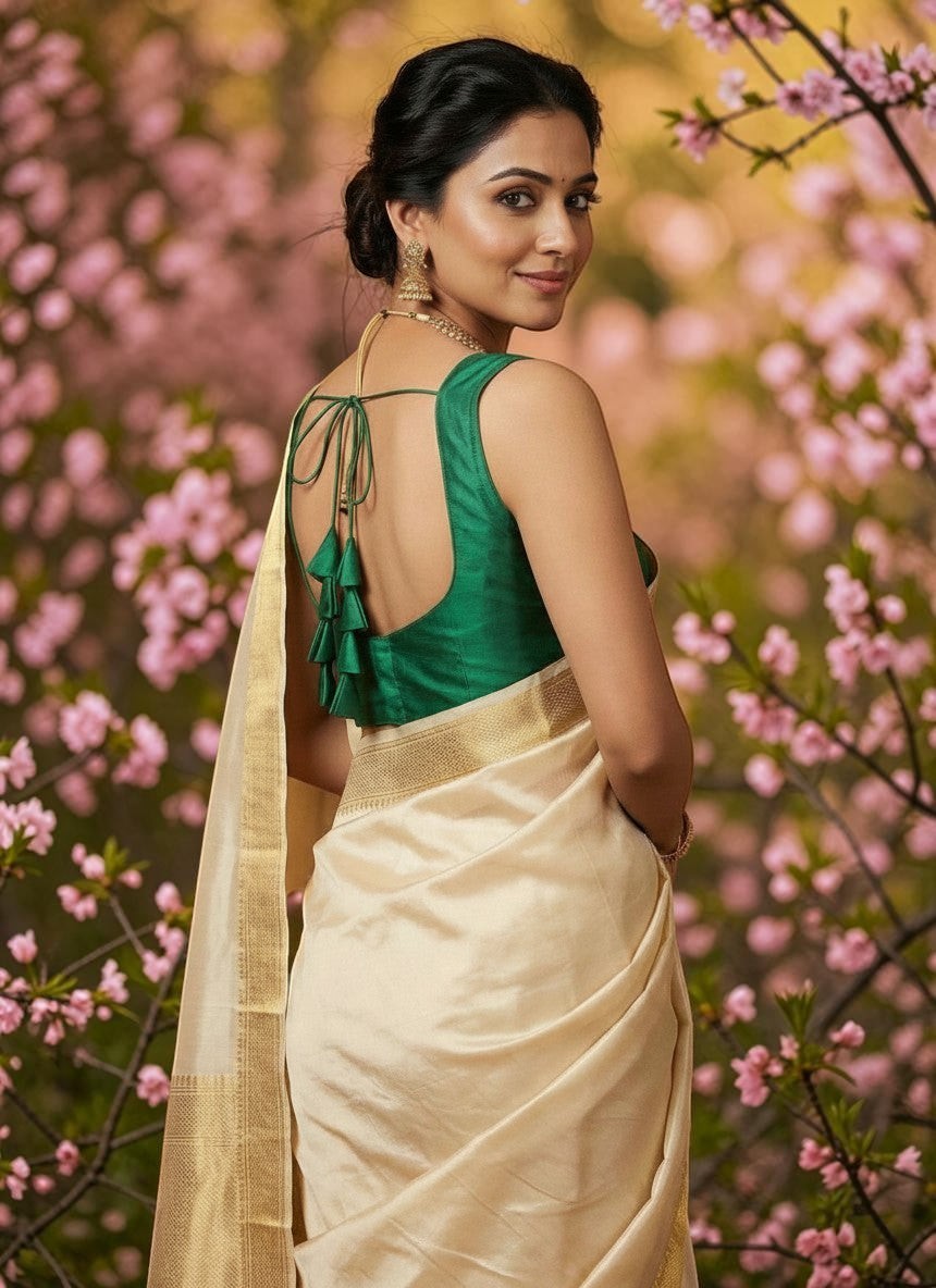 Lioraa London Ltd green silk blouse with a deep U-back and tassel tie-up, worn by a woman in a cream and gold saree.