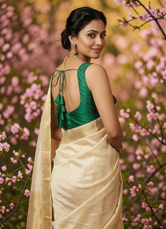 Lioraa London Ltd green silk blouse with a deep U-back and tassel tie-up, worn by a woman in a cream and gold saree.