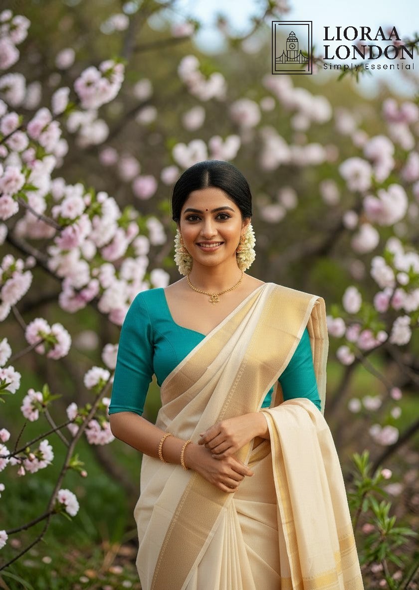 Lioraa London Ltd morpeach cotton silk blouse with sweetheart neckline worn with a traditional cream and gold saree