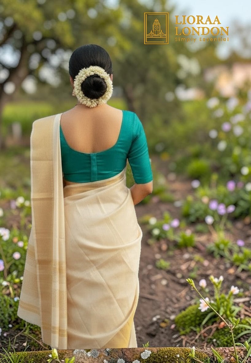 Lioraa London Ltd morpeach peacock blue-green cotton silk blouse with sweetheart neckline worn with a cream saree