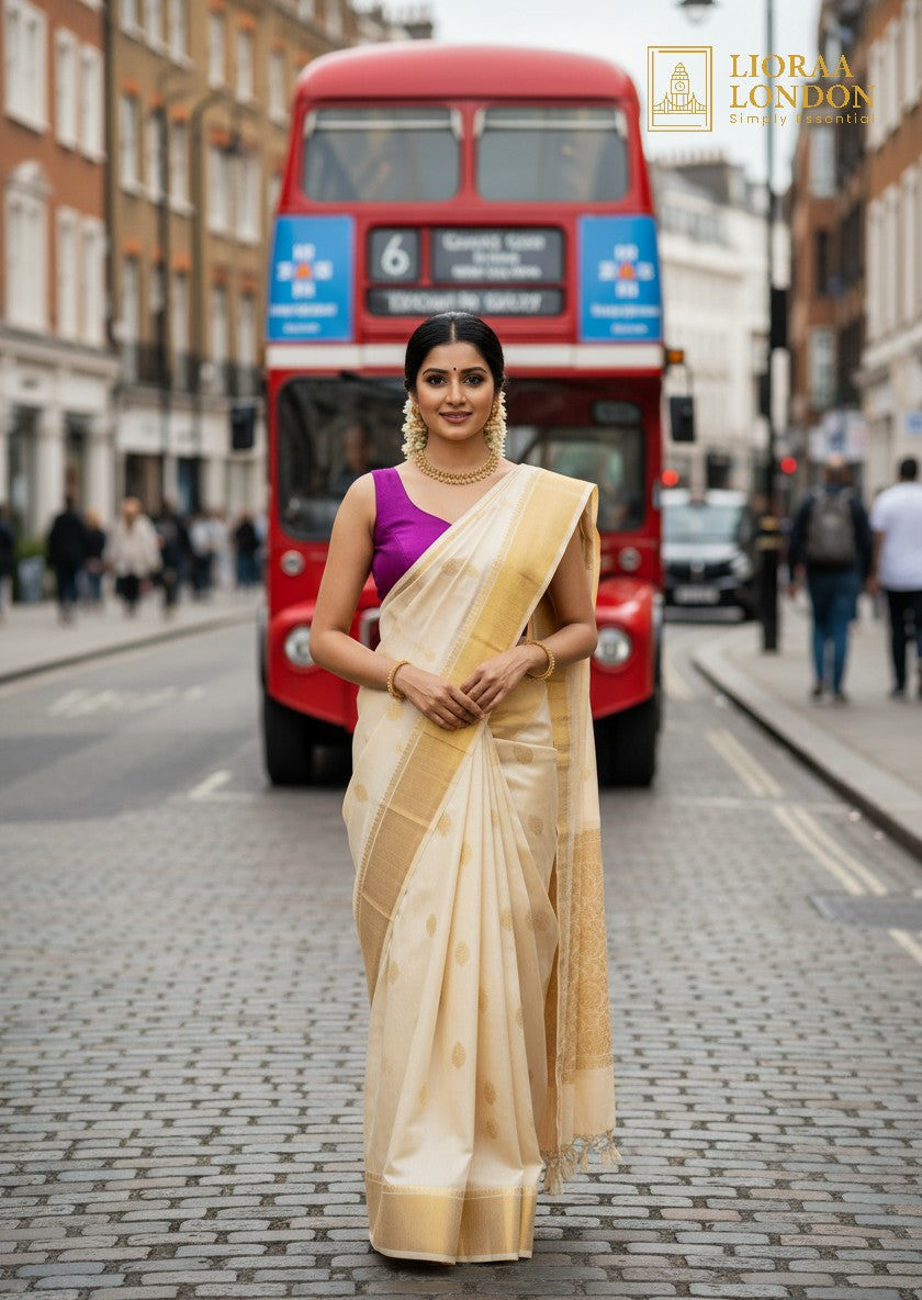 Lioraa London Ltd purple rani silk blouse paired with a cream and gold saree, worn by a woman on a London street.
