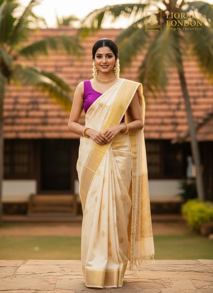 Lioraa London Ltd purple rani silk blouse with sweetheart neckline worn with a cream and gold traditional saree