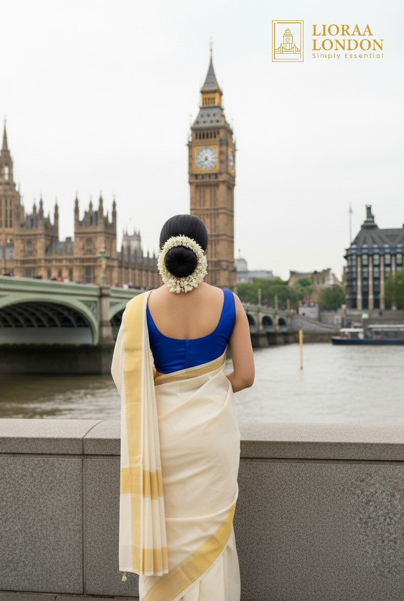 Lioraa London Ltd royal blue cotton silk blouse with deep U-back, worn by a woman in a saree near Big Ben, London.