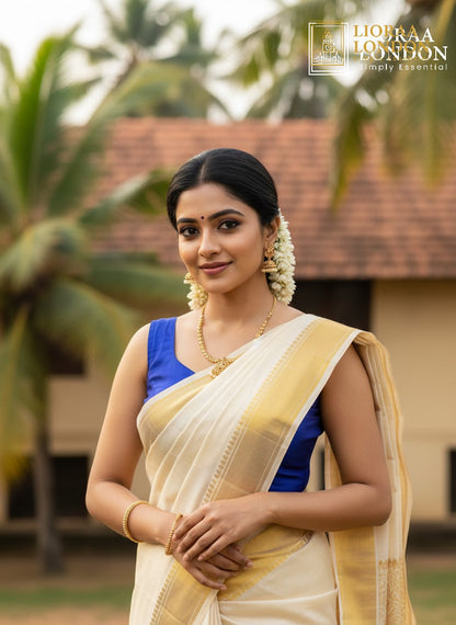 Lioraa London Ltd royal blue cotton silk blouse with sweetheart neckline worn with a traditional cream saree