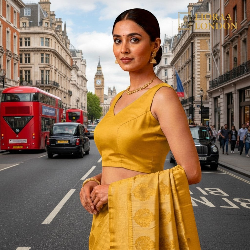 Lioraa London Ltd yellow cotton silk blouse with sweetheart neckline worn by a woman on a London street.
