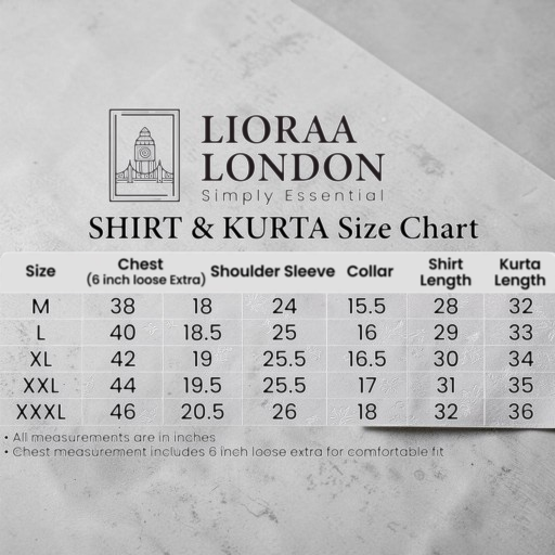 Lioraa London Ltd size chart for men's shirts and kurtas showing measurements in inches for M to XXXL sizes.