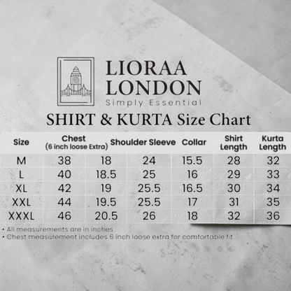 Lioraa London Ltd size chart for men's shirts and kurtas showing measurements in inches for M to XXXL sizes.