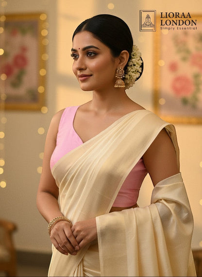 Shop our Peach Pink Silk Saree Blouse with sweetheart neckline, deep U-back & padded sleeves. Alterable fit 40–46. Free UK delivery, fast dispatch. Buy now!