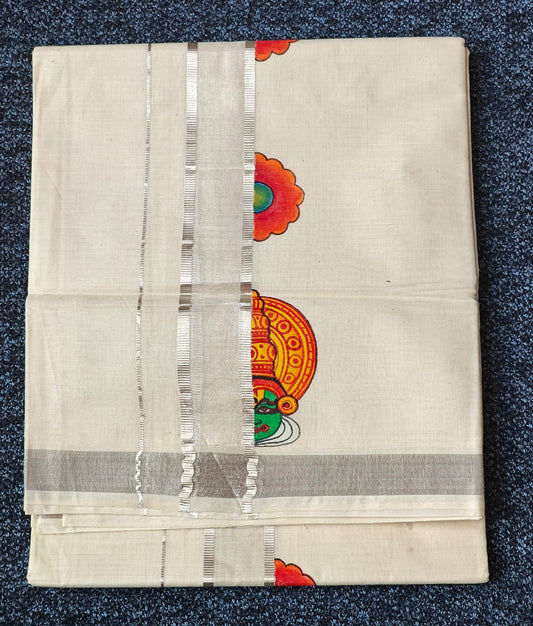 "POOKKALAM" Printed Double Silver Kasavu Dothi