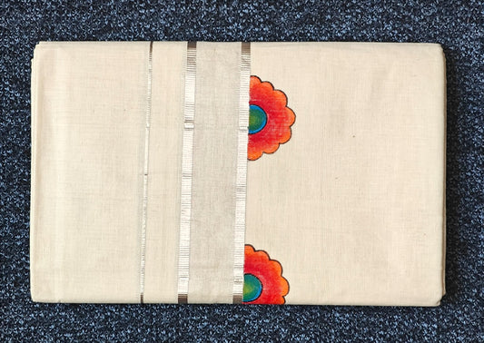 "POOKKALAM" Printed Double Silver Kasavu Dothi